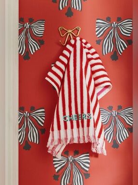 Anthropologie Holiday Striped Embroidered Hand Towel, Red & White